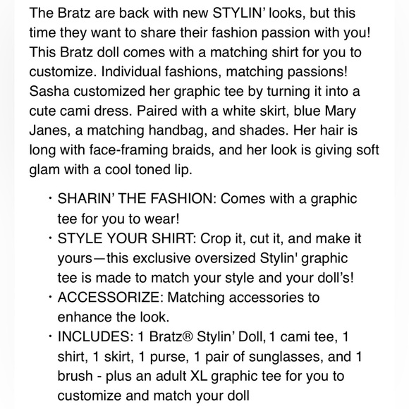 Bratz Stylin' Sasha Doll & Adult XL Graphic Tee NIB Matching Fashion Tee - Picture 13 of 16